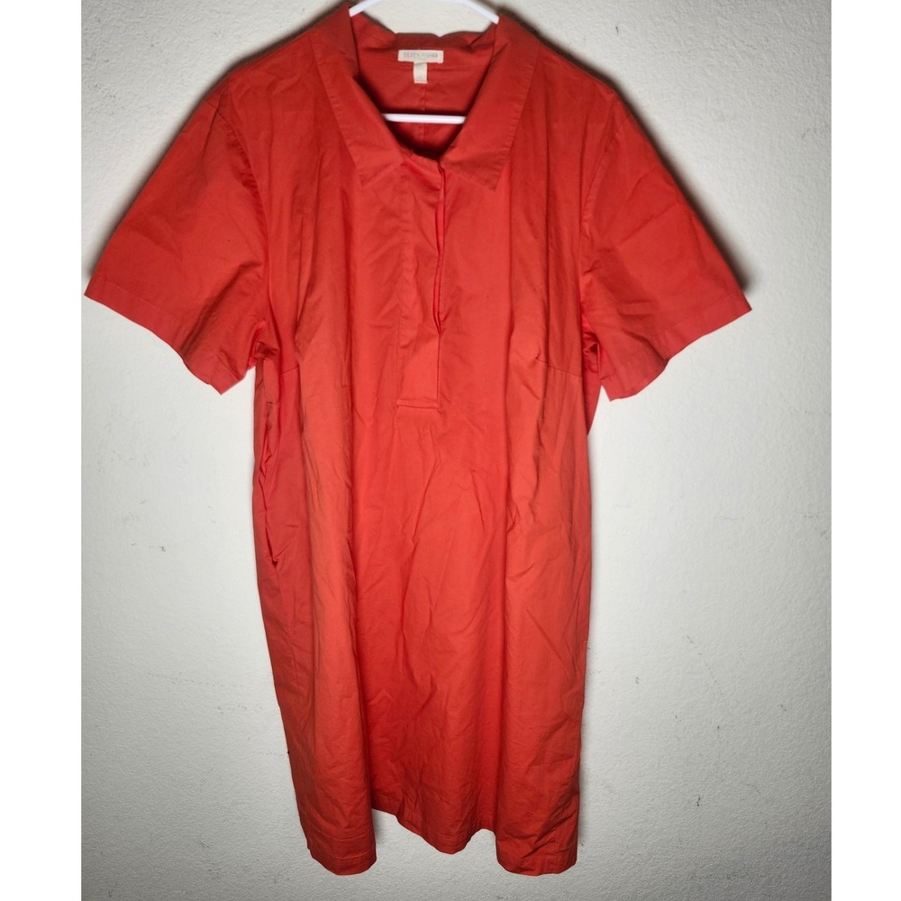 Eileen Fisher Shirtdress Womens 2X Orange Organic Cotton Short Sleeve Pockets